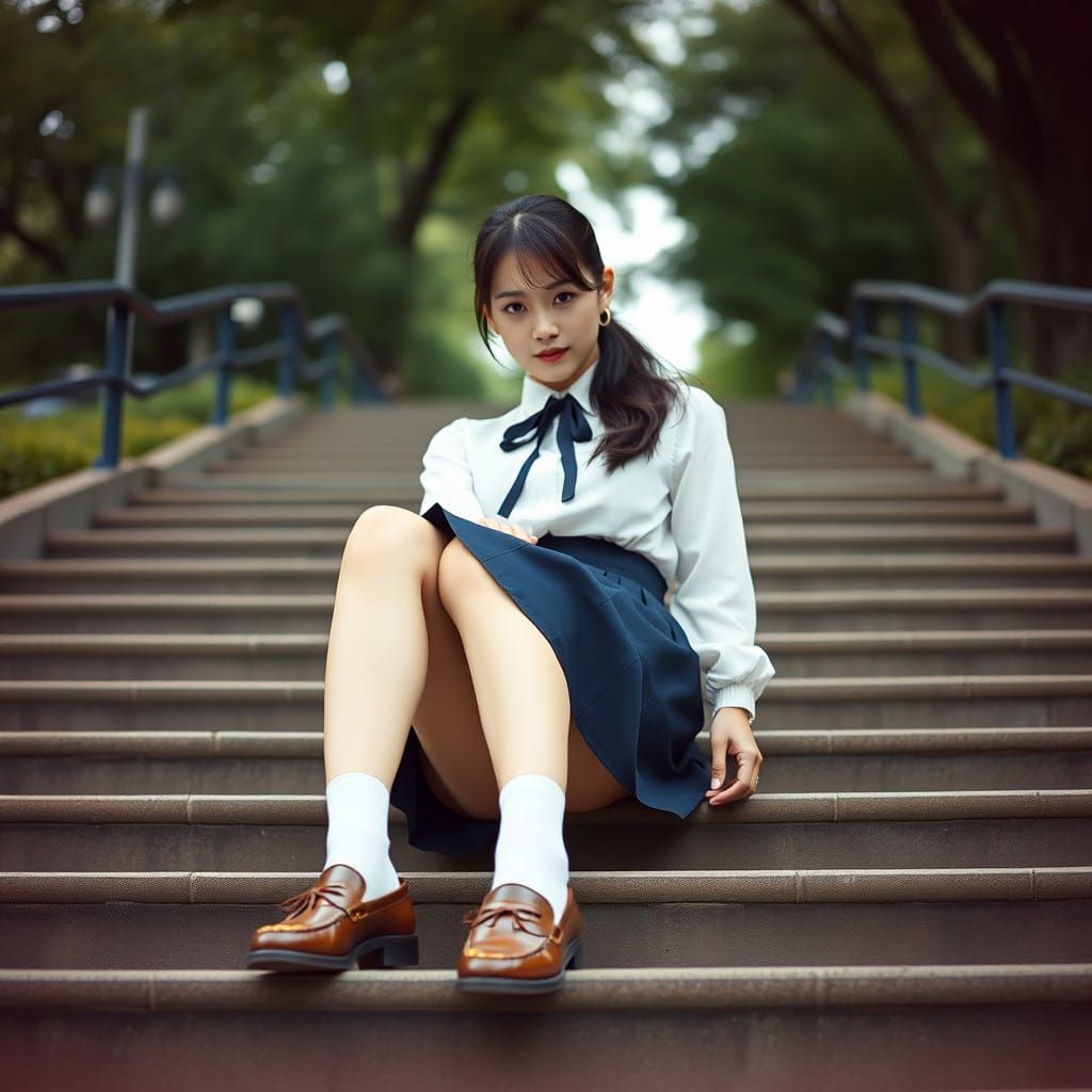 Sitting on Stairs in Chic Japanese Style