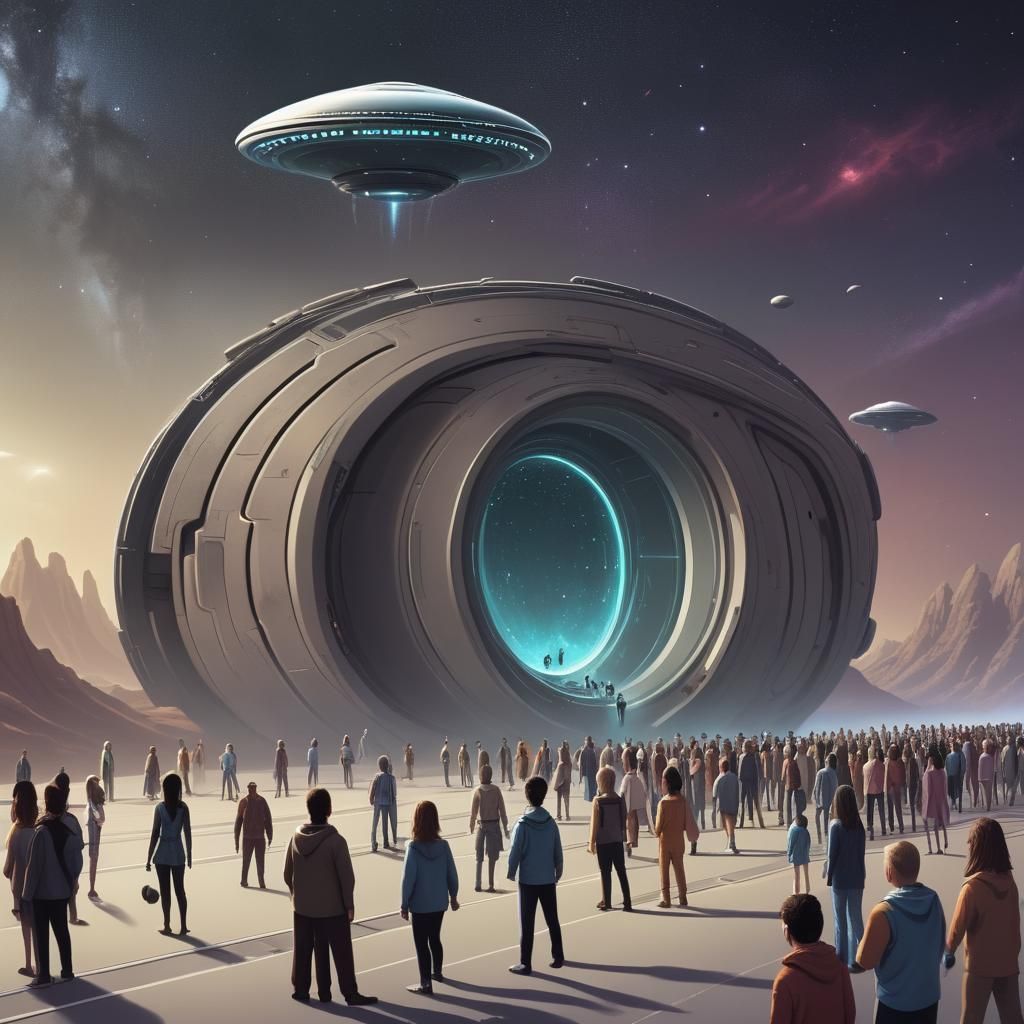 Intergalactic Travel Hub with People and Aliens