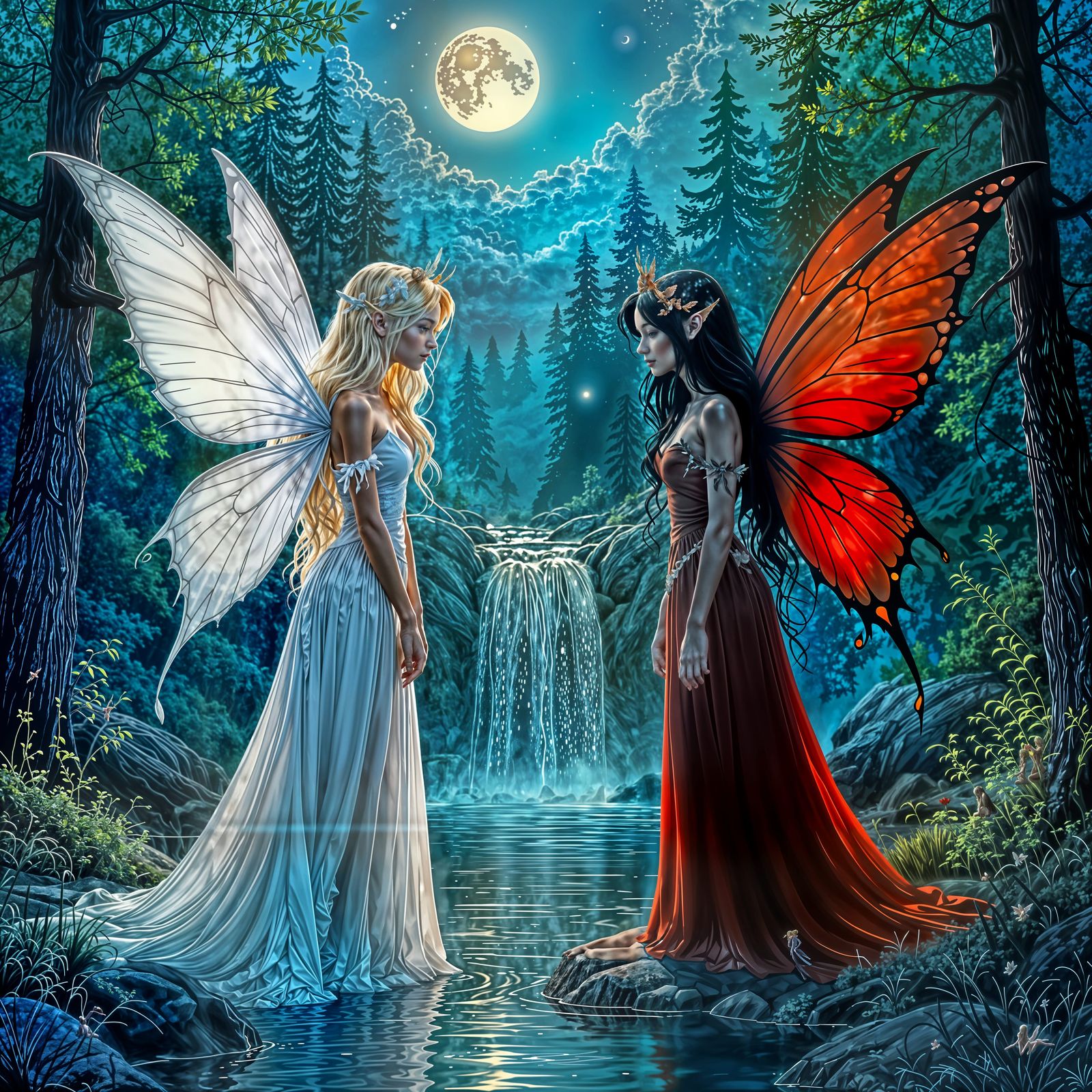 Fairies Meet by Moonlight Waterfall in Pine Forest