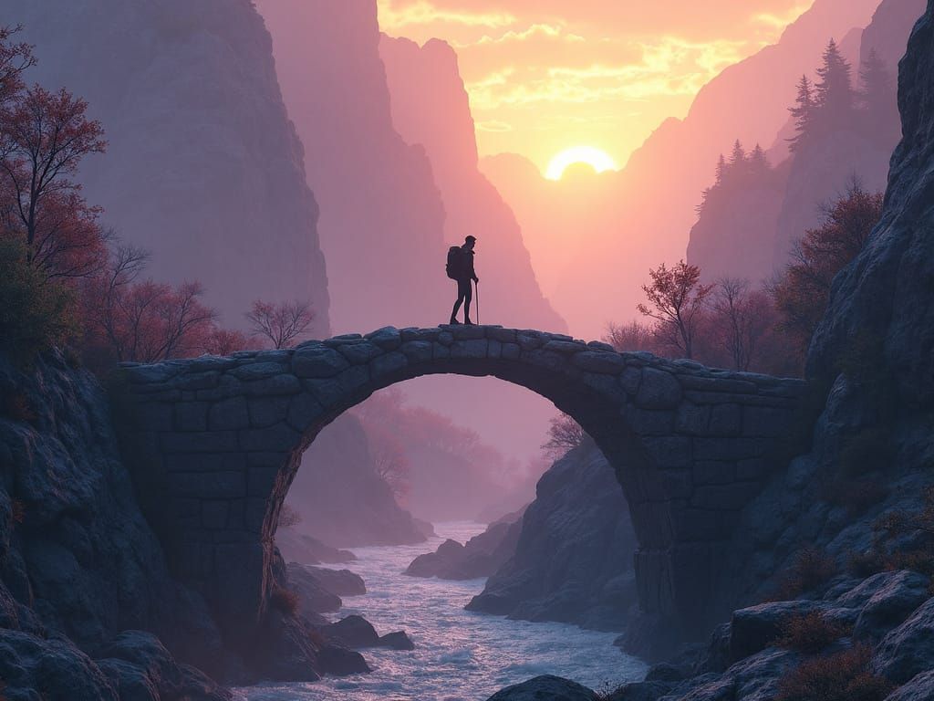 Ethereal Sunrise Over Ancient Mountain Bridge