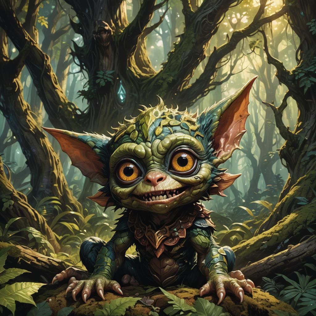 Baby Gremlin in Mystical Forest, Fantasy Art
