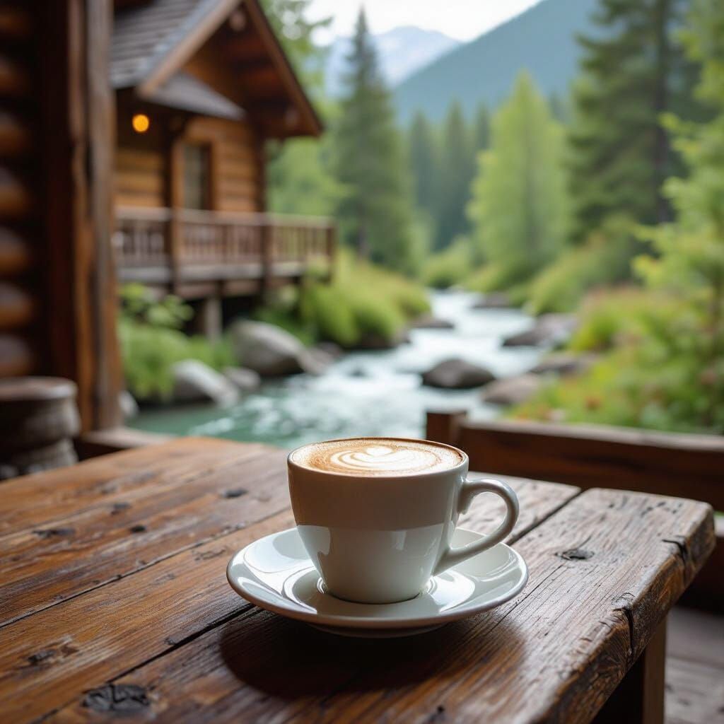 Latte in Cabin Scene: Realistic Photo