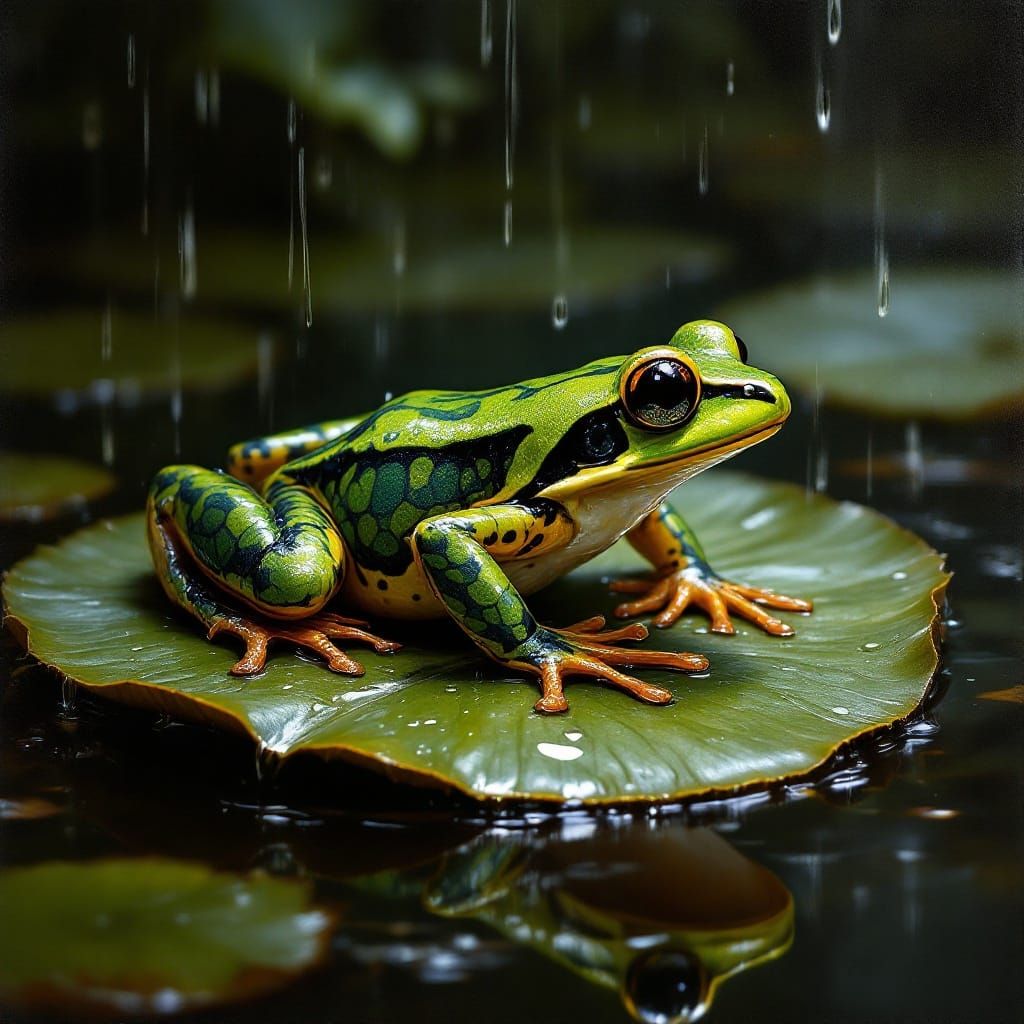 Poison Dart Frog Basks on Lily Pad in Serene Rainy Scene