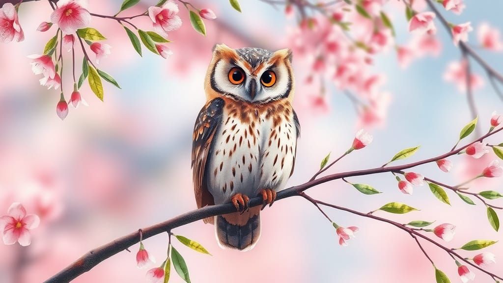 Pastel Owl on Willow Branch in 3D Rendering Style