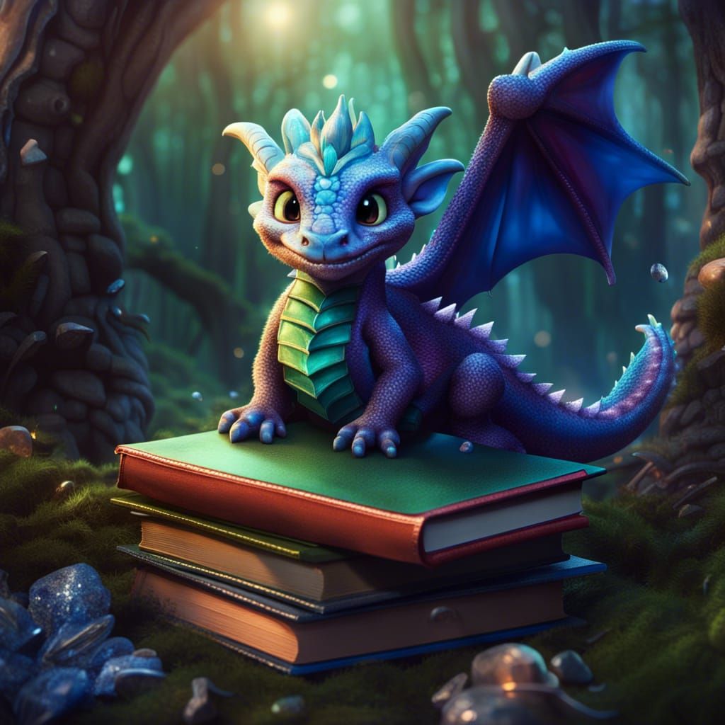 Cute Baby Dragon with Books in Fantasy Forest