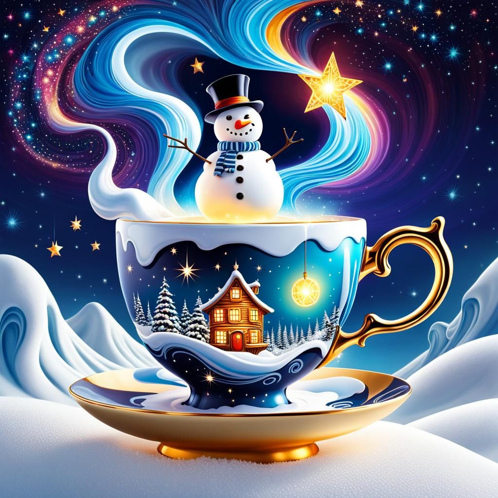 Magical Teacup Snowman in a Starry Wonderland
