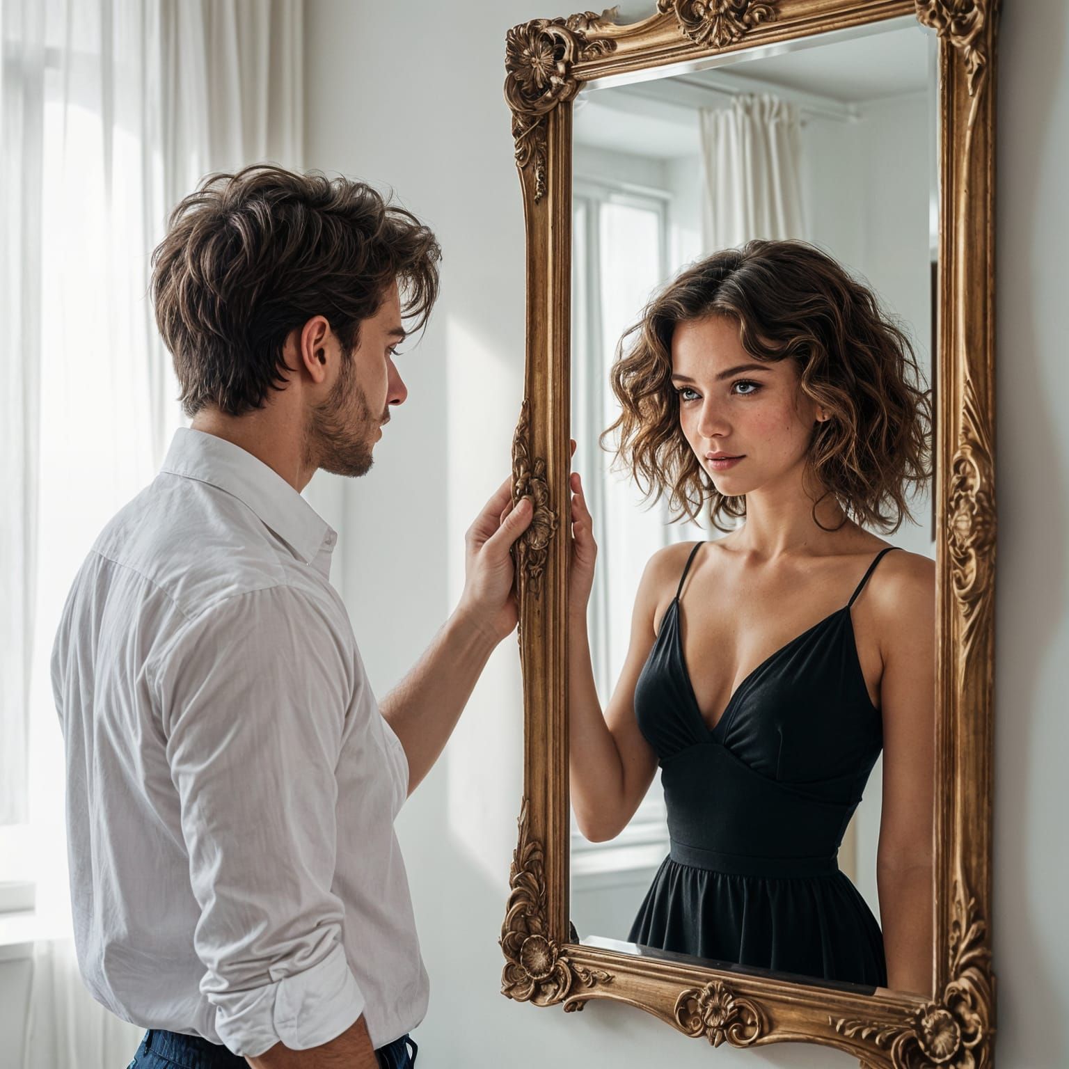 Man Reaches for Mirror Image of Girl as Hands Touch