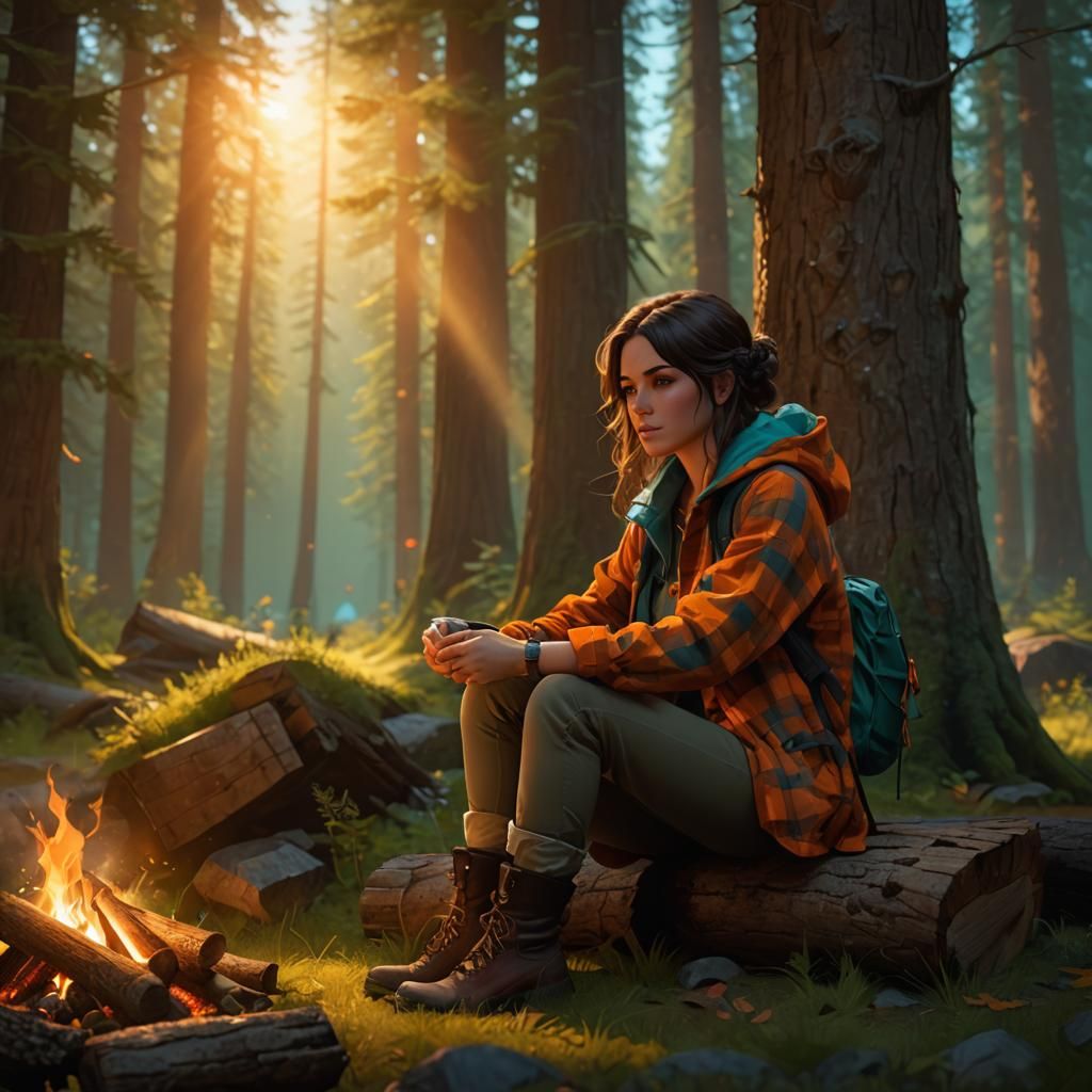 Brunette in Flannel Camping: Hyperdetailed Digital Art