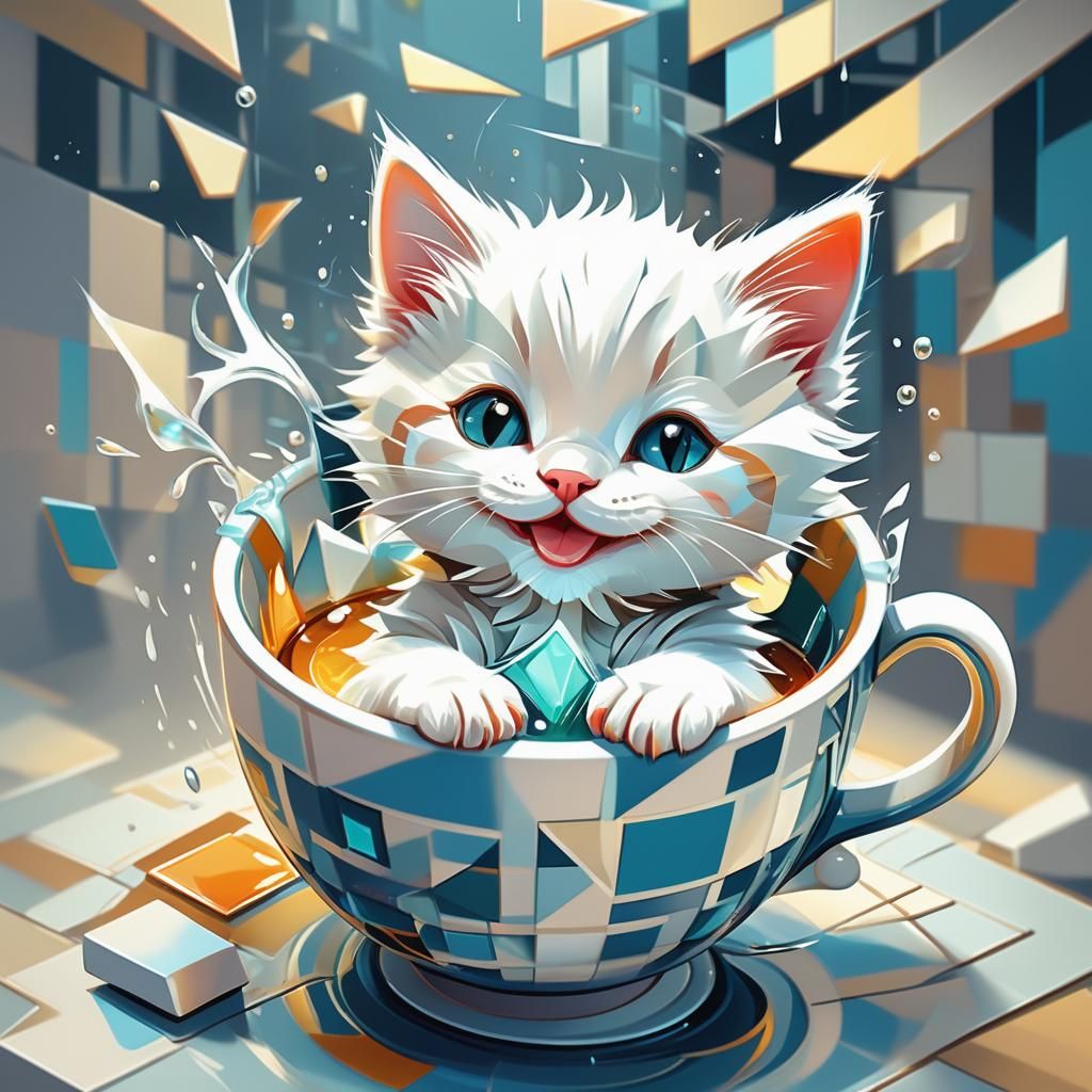 Cartoon Kitten Bathing in Magical Teacup