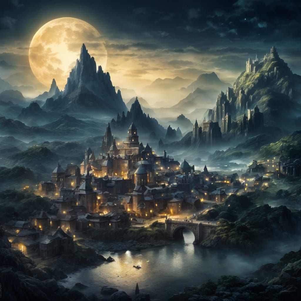 Moonlit Ancient City in Fantasy Landscape