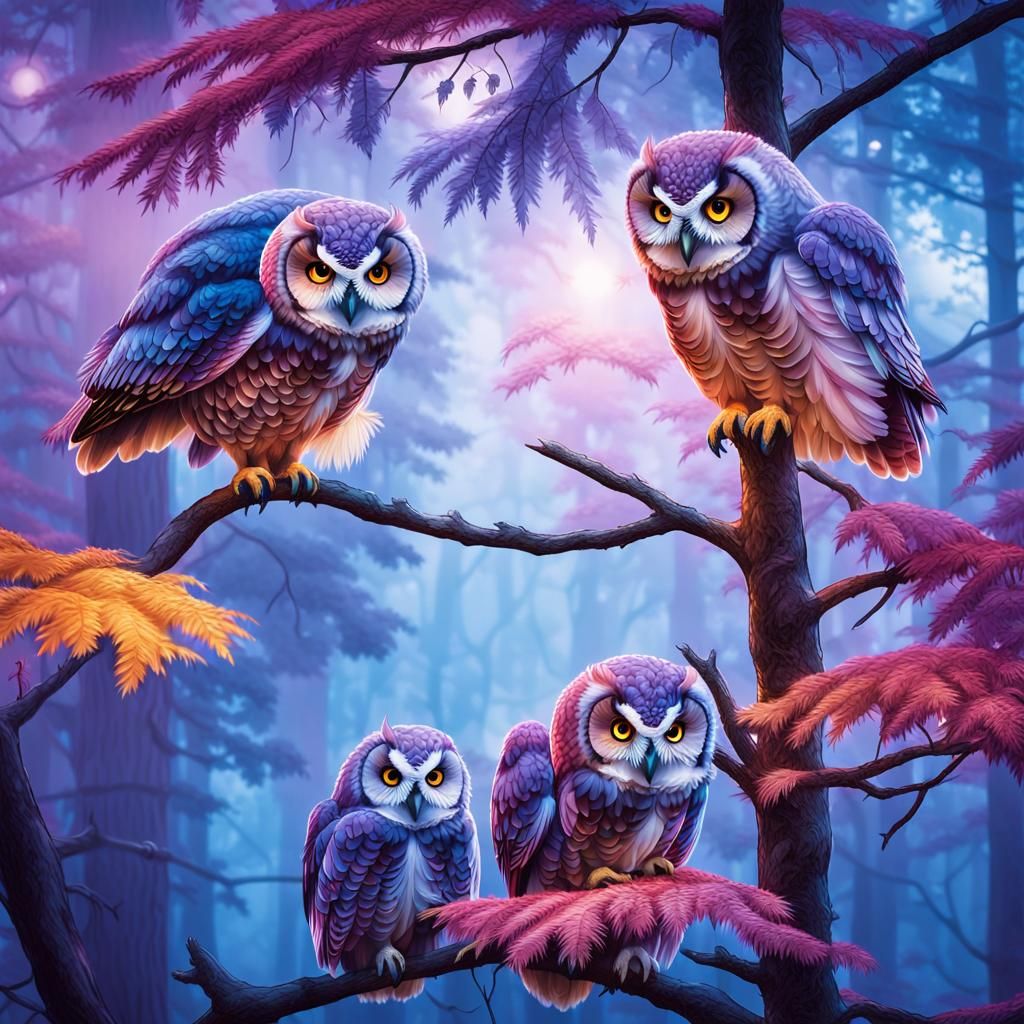 Vibrant Owls Perched in Misty Forest Canopy