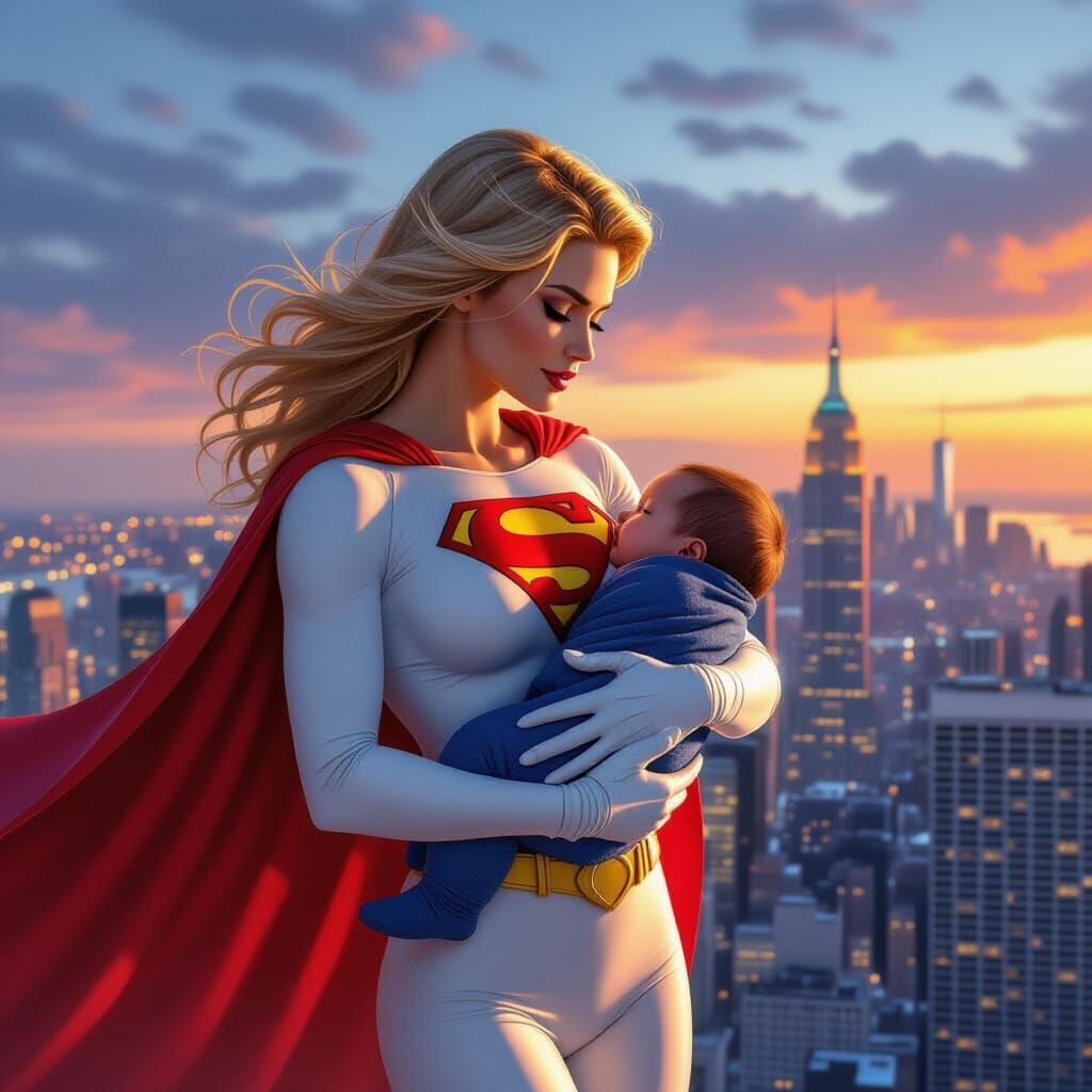 Power Girl Protects Baby Superman on NYC Skyscraper