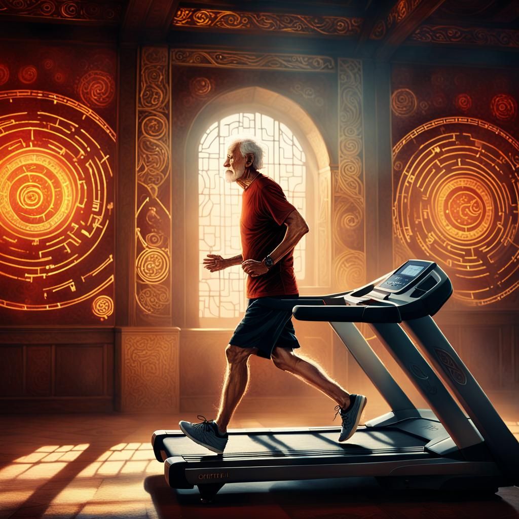 Mystical Gymnasium: Elderly Man's Treadmill Travail