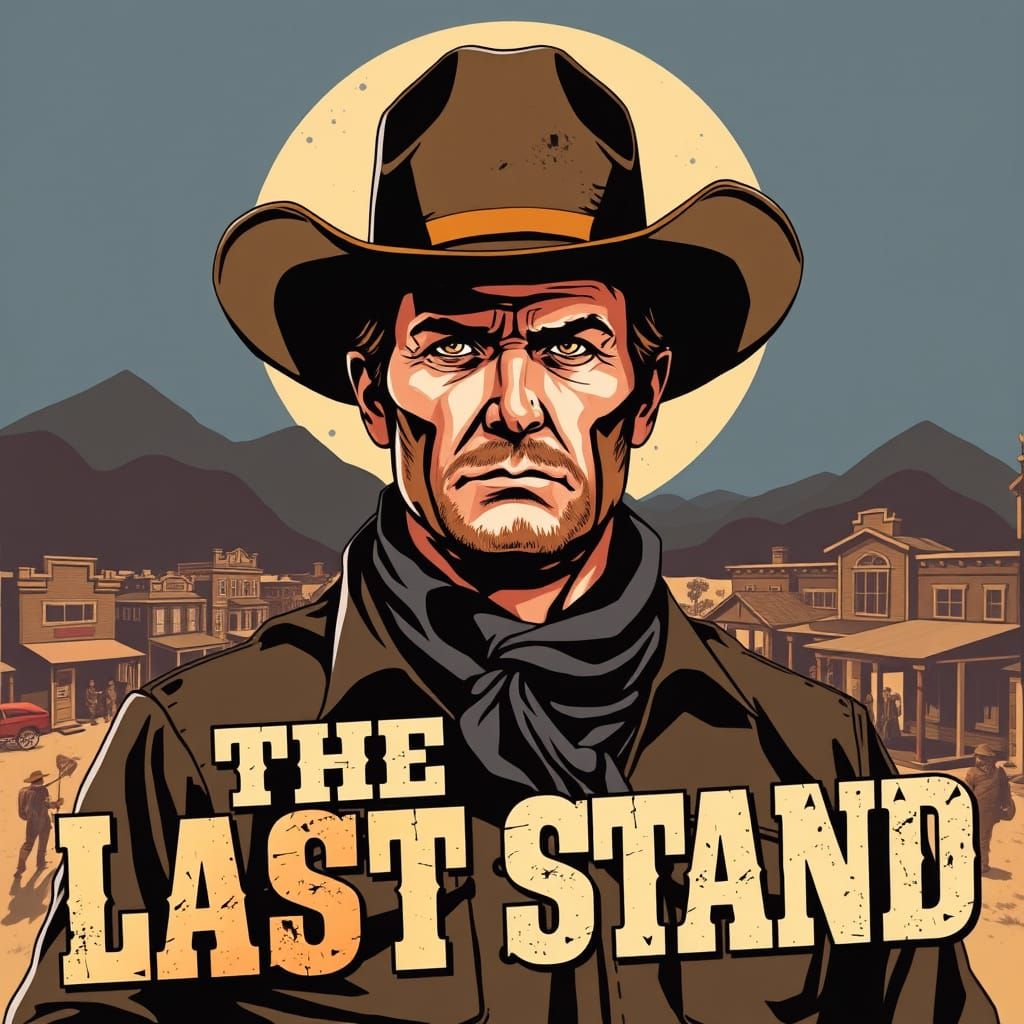 Western Movie Poster: Stoic Sheriff in Frontier Town