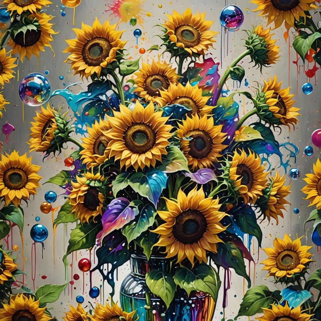 Sunflower Bouquet in Rainbow Vase, Graffiti Art