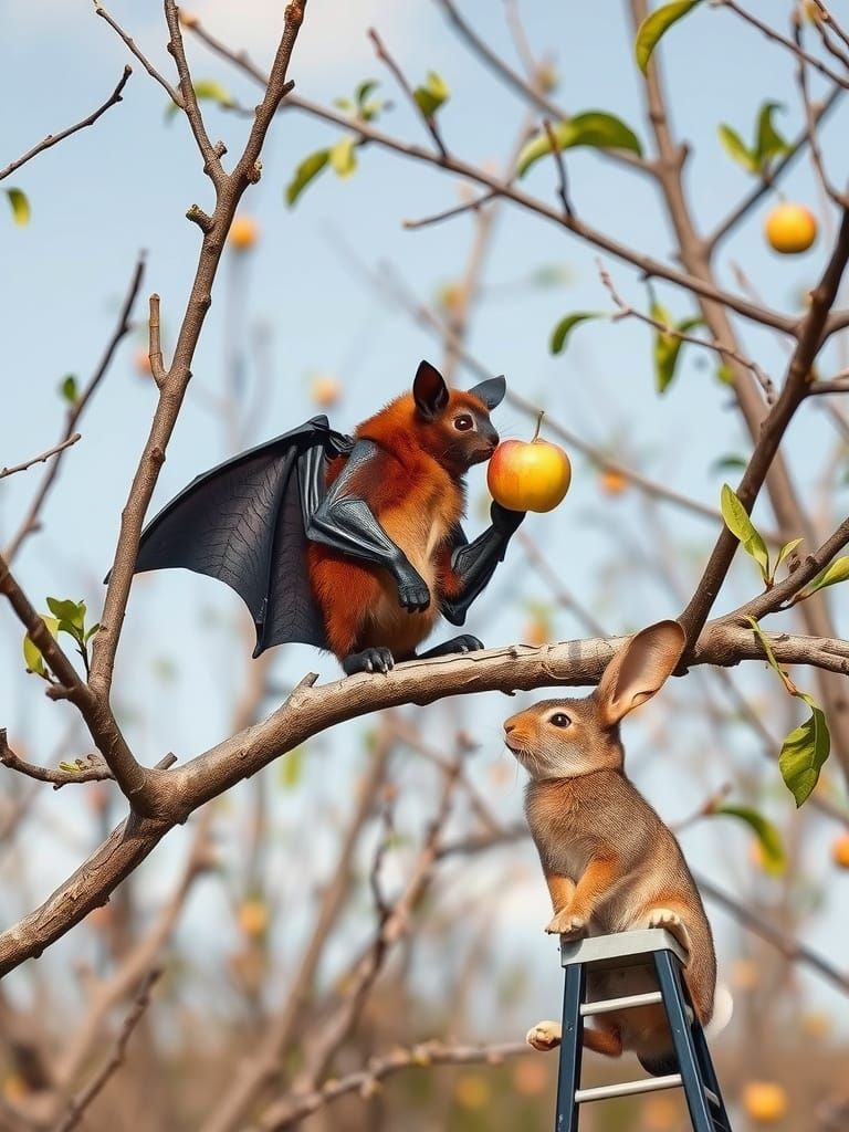 Bat and Rabbit Share Apple in Barren Orchard
