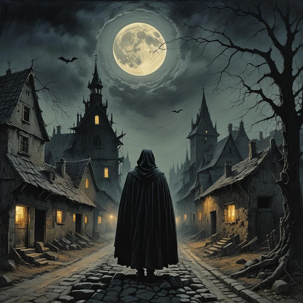 Gothic Horror Figure in Transylvanian Village