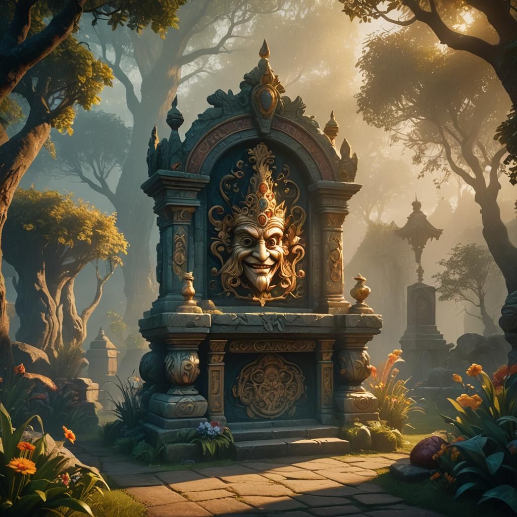 Mystical Stone Carved Theater in Misty Garden