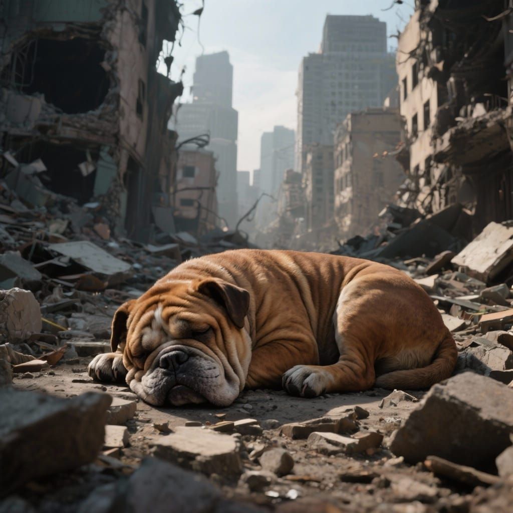 Photorealistic CGI Bulldog Rests in Ruined City