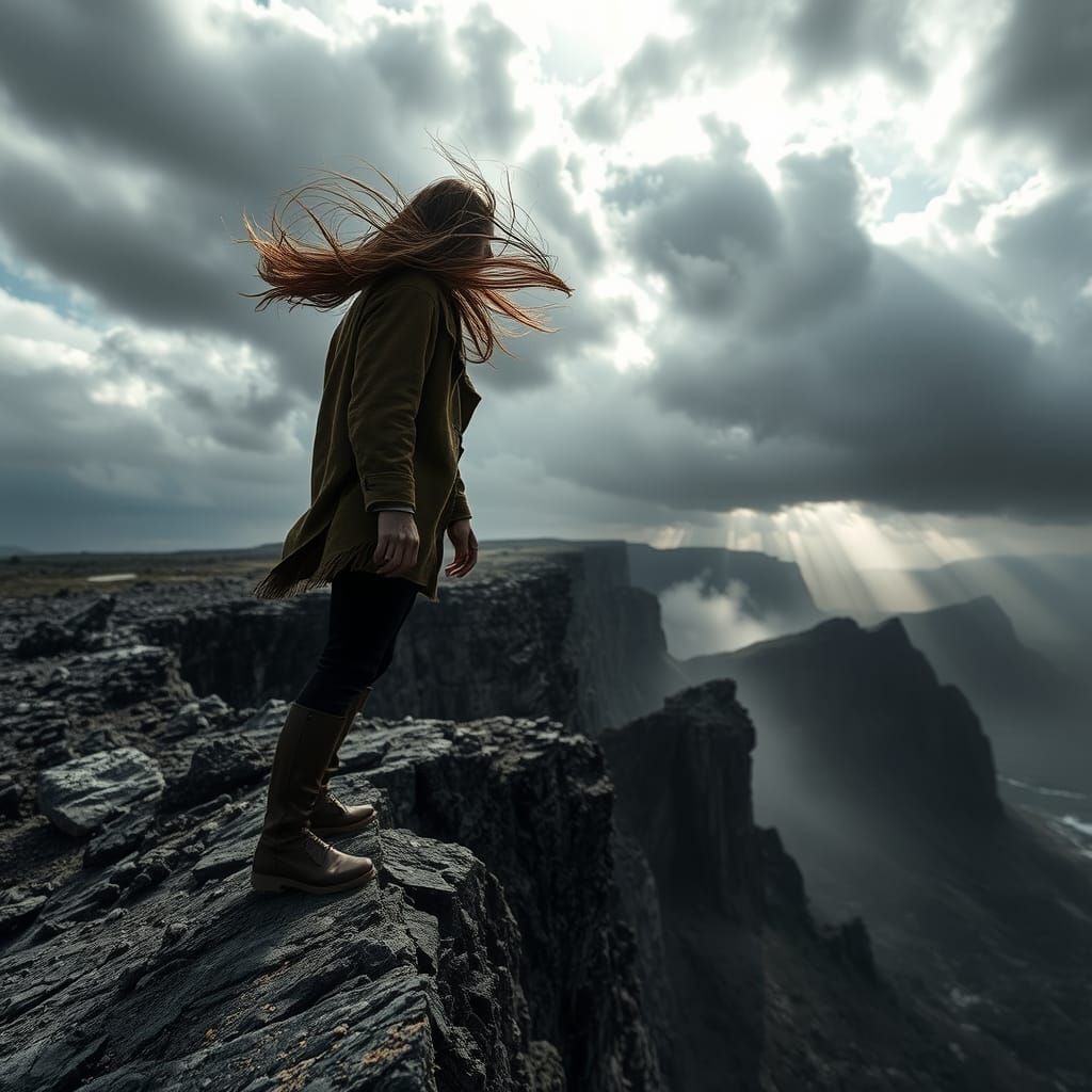 Windswept Figure on Cliff in Cinematic Landscape