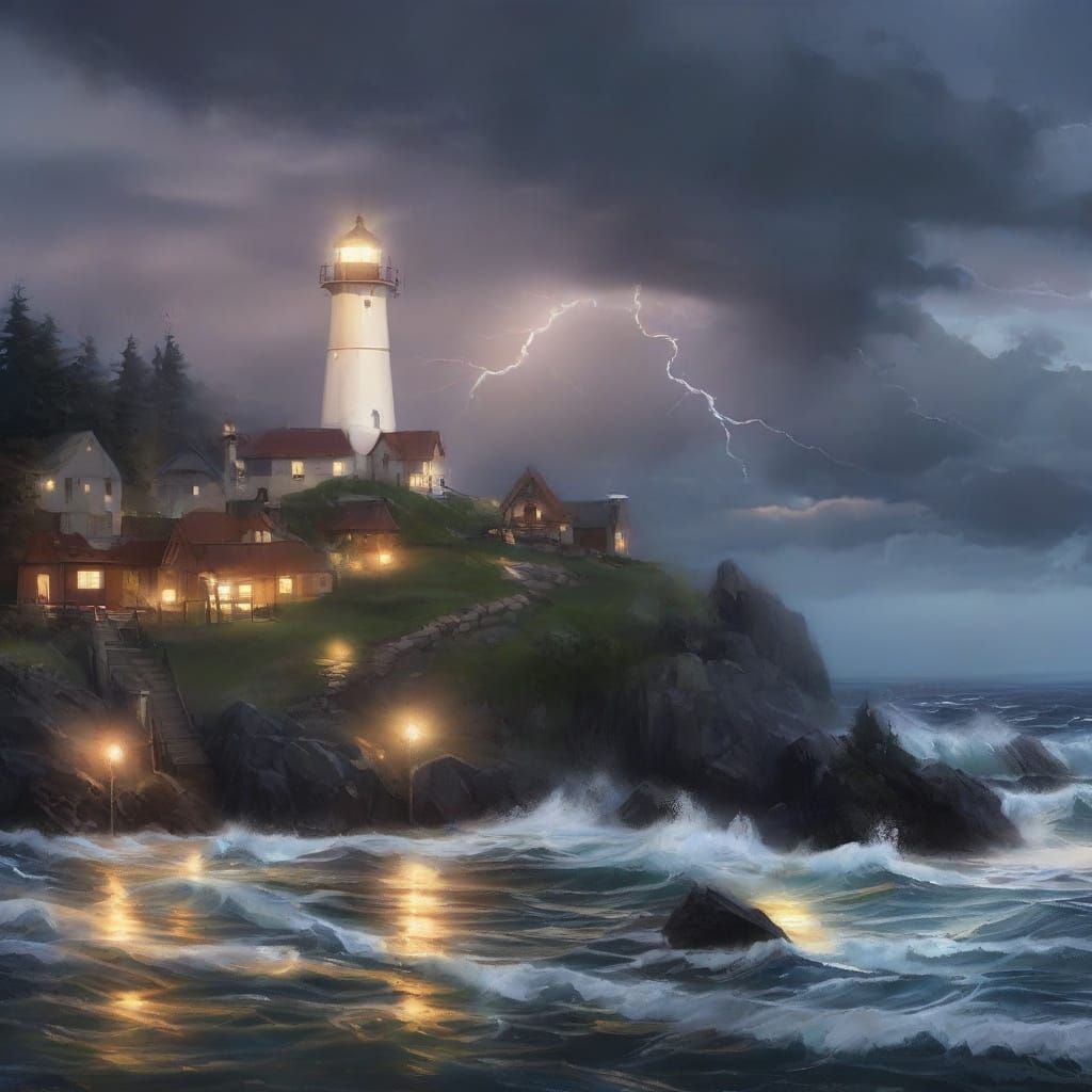 Coastal Village Lighthouse Guiding Through Storm