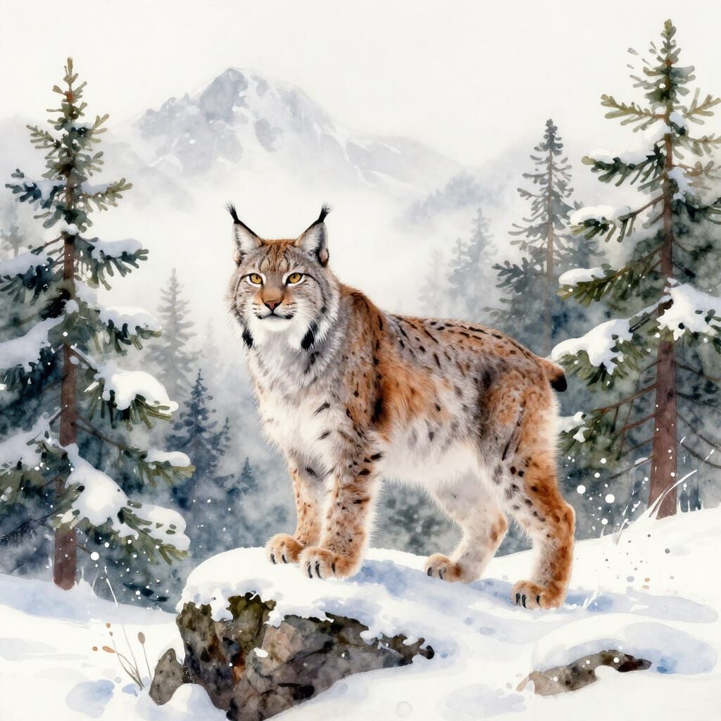 Majestic Lynx in Snowy Mountain Forest