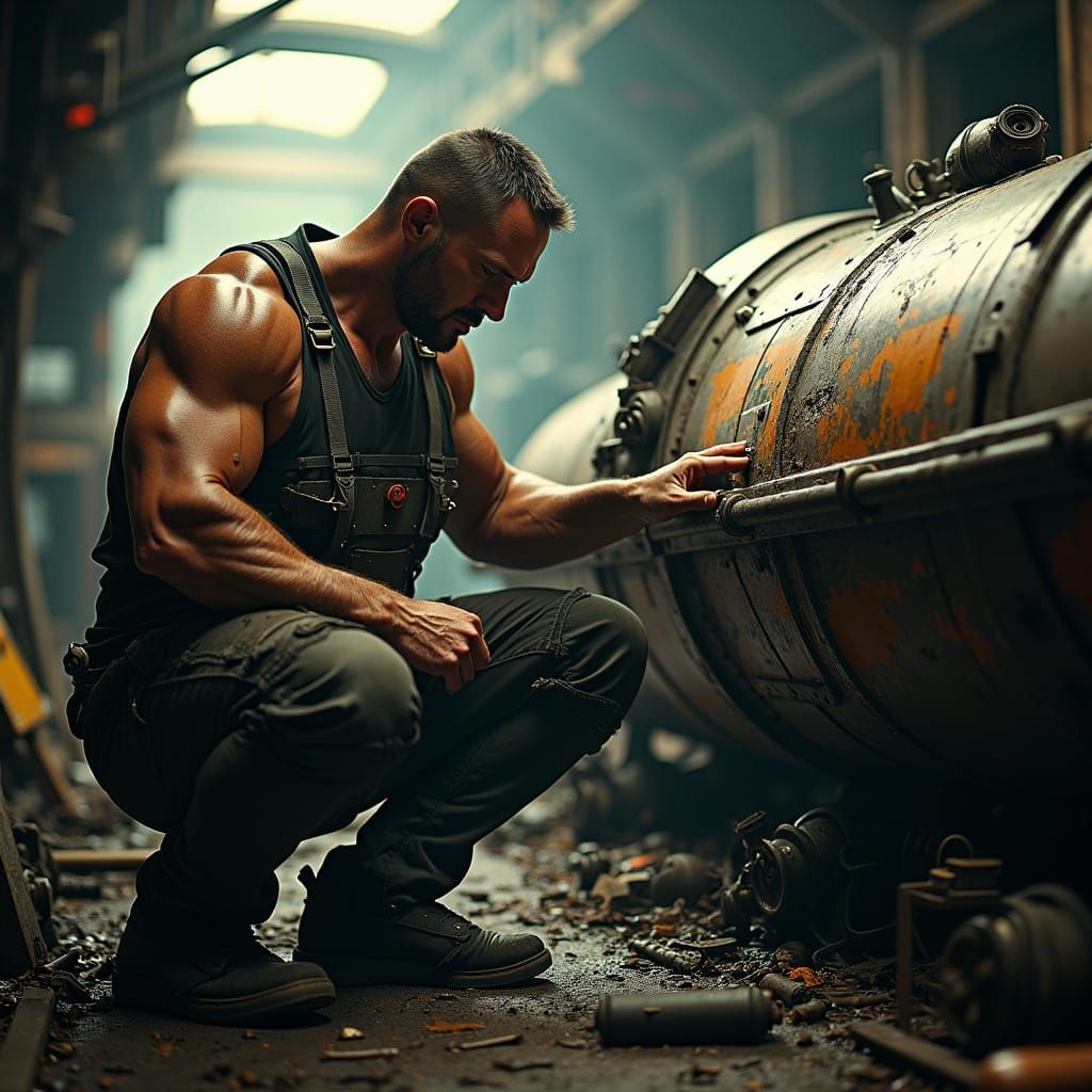 Man Repairs Spaceship in Junkyard: Cinematic Sci-Fi Still