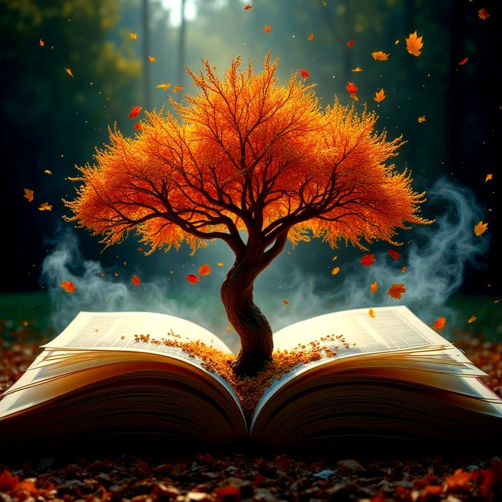 Autumn Tree Emerges from Book in Escher Style
