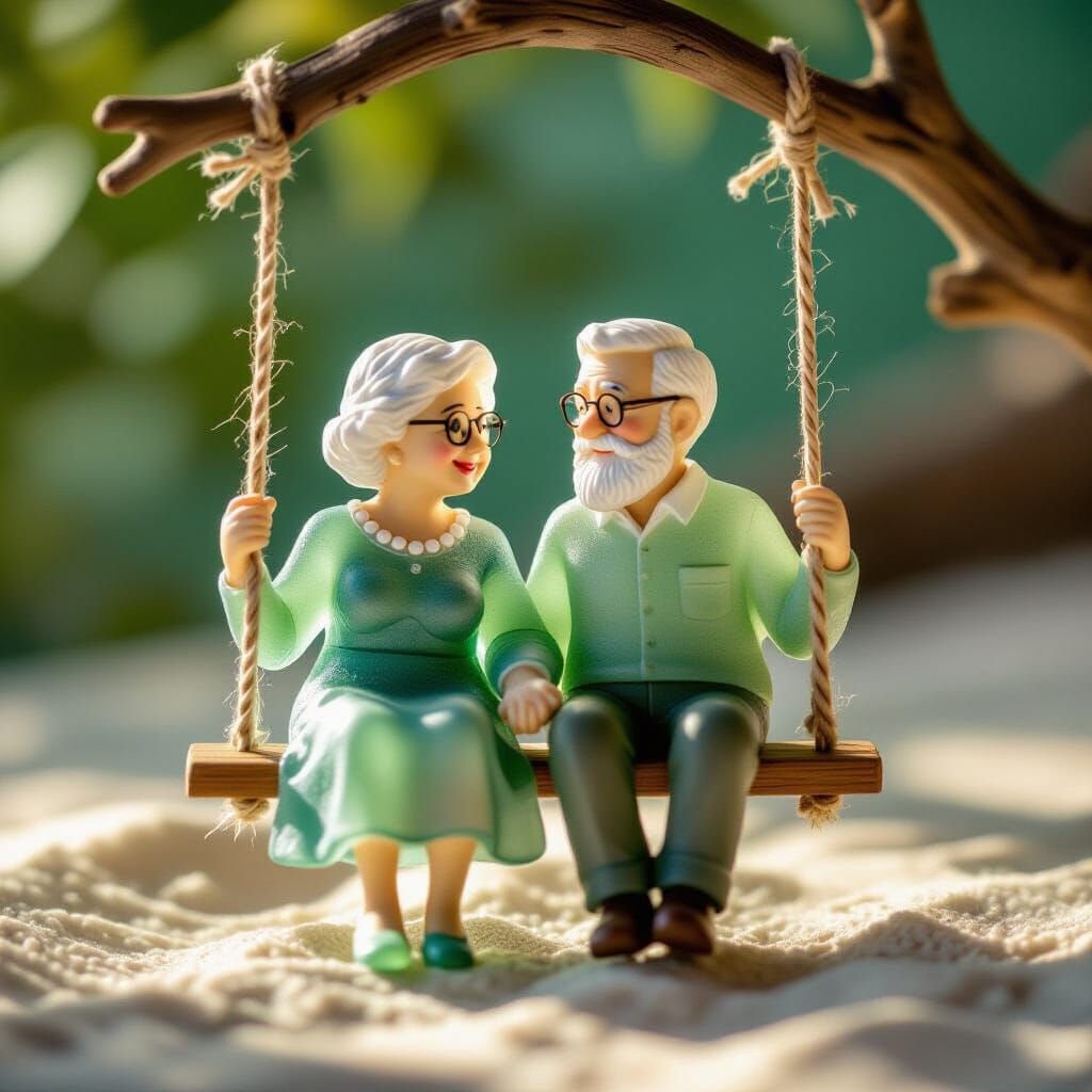 Sea Glass Sculpture of Elderly Couple on Swing