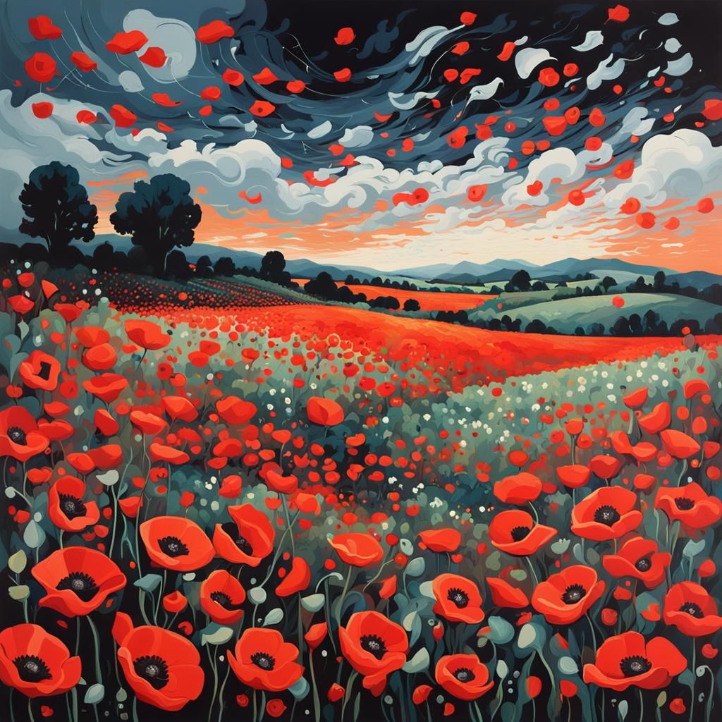 Stormy Poppy Field with Swirling Petals
