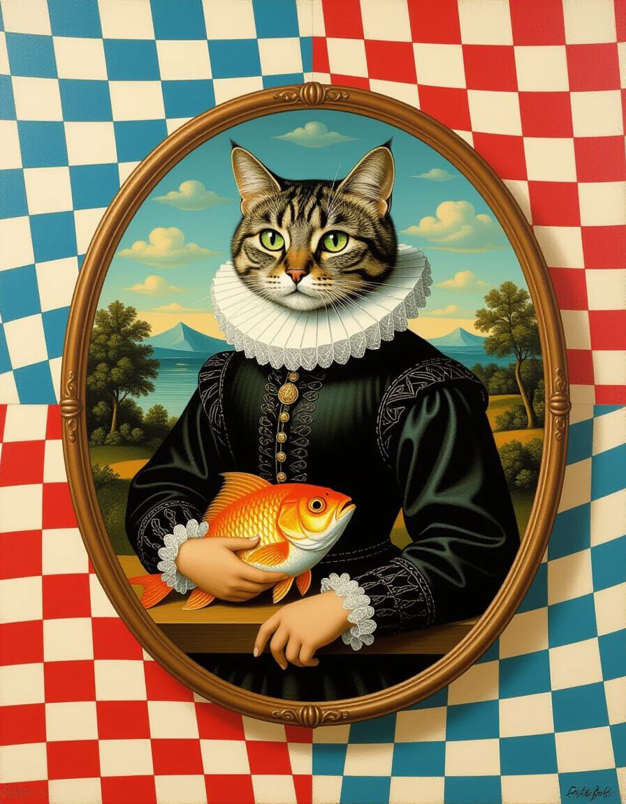 Cat and Imaginary Fish: A Surrealist Portrait