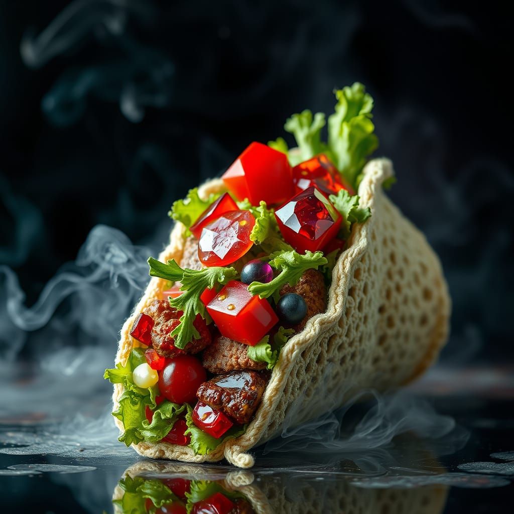 Hyperrealistic Crochet Taco with Gemstone Ingredients