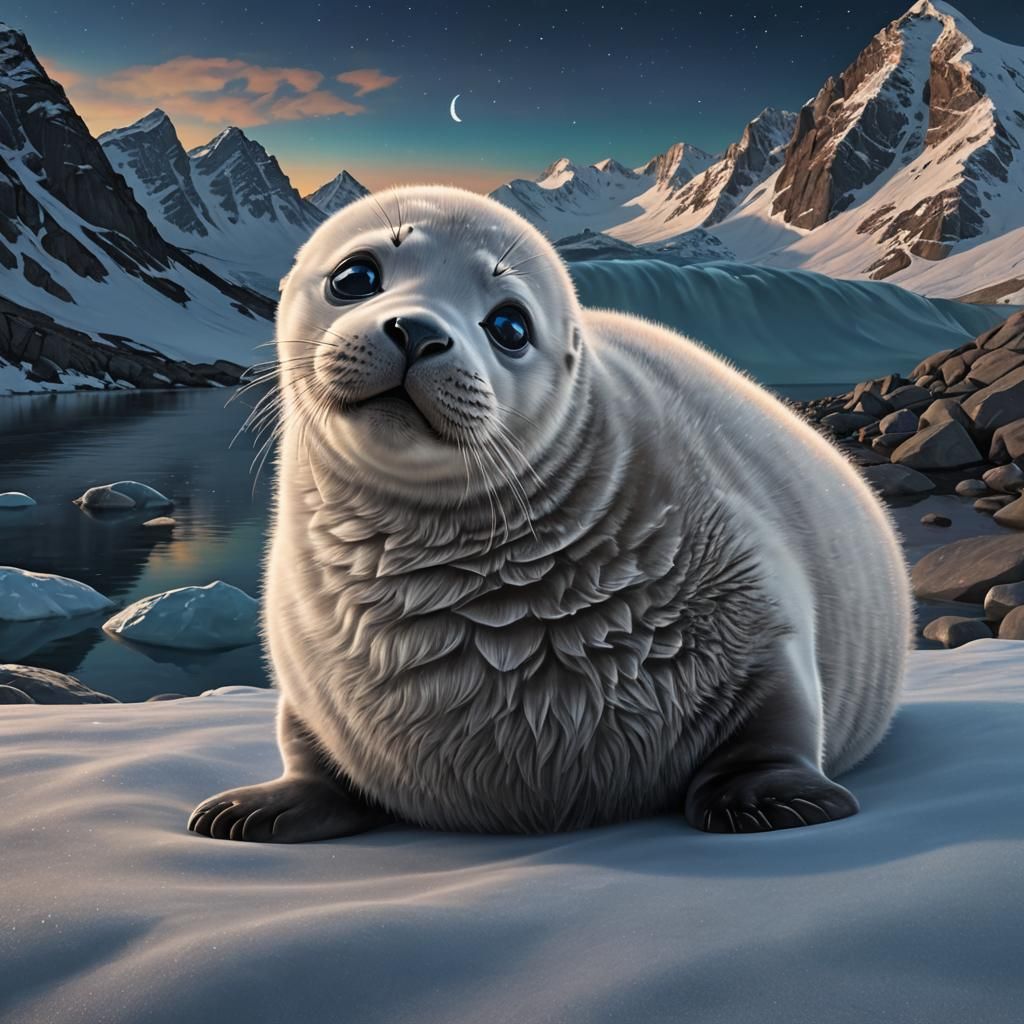 Moonlit Seal Pup in Aurora Landscape: Photorealistic 3D