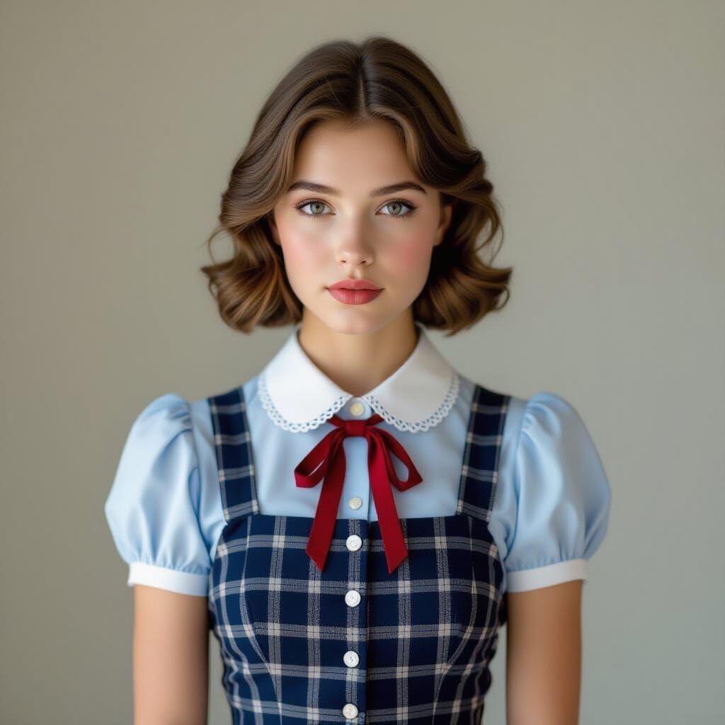 Hyperrealistic Portrait of Anais in Blue Blouse and Tartan D...