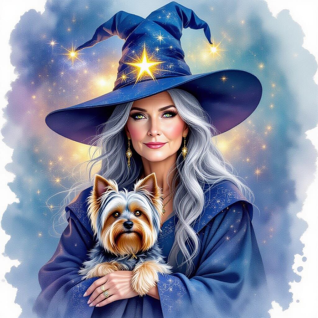 Enchanting Witch Portrait With Cosmic Aura and Familiar