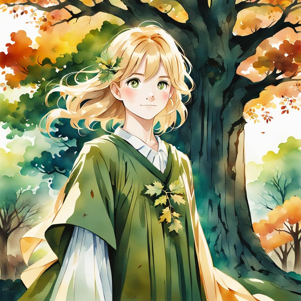 Smiling Woman in Autumn Dress: Watercolor Manga