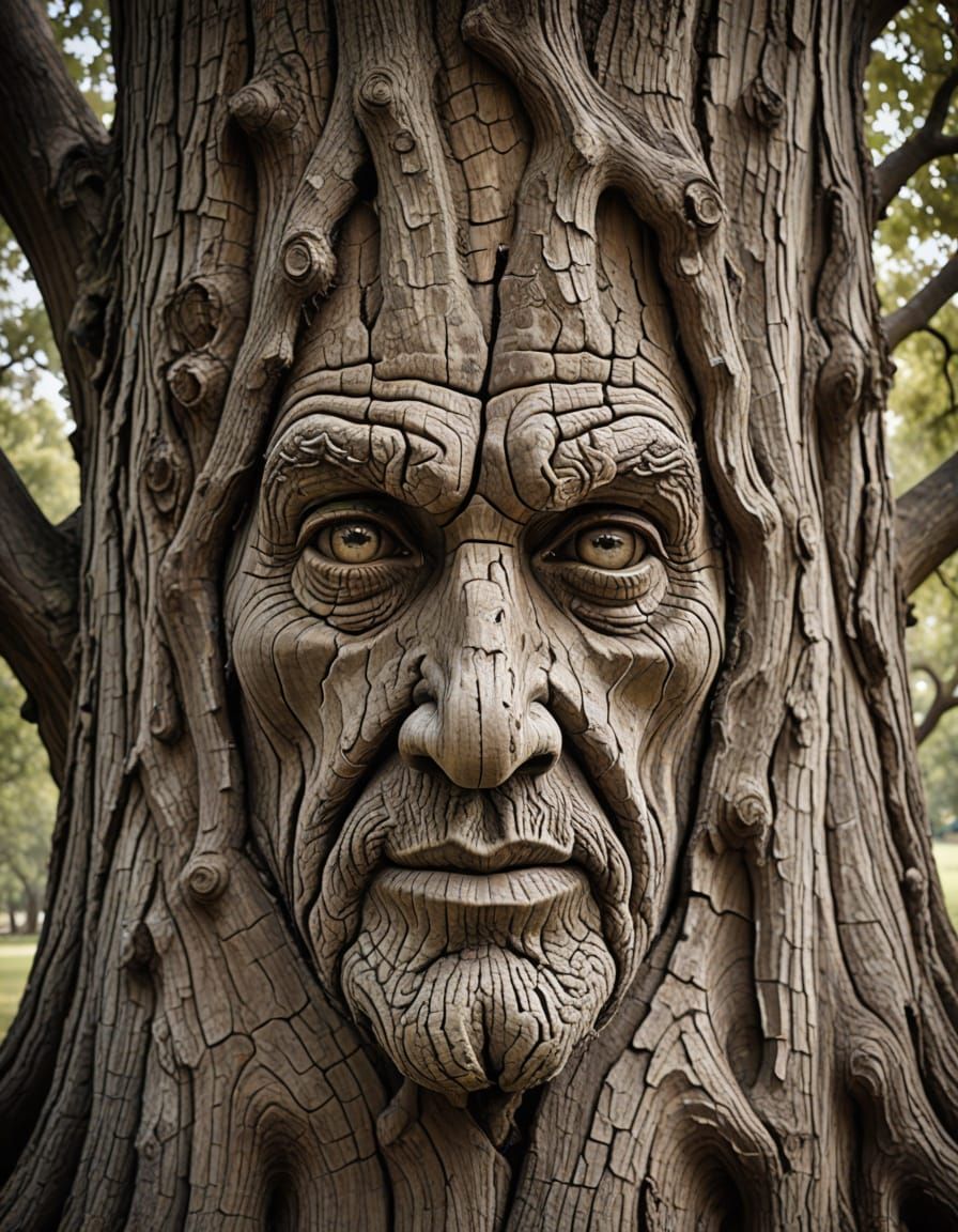 Ancient Oak Tree with Human-Like Face in Wood Grain