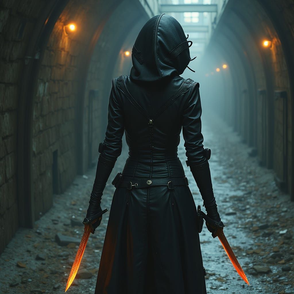 Woman in Underground City in a Gritty Futuristic Style