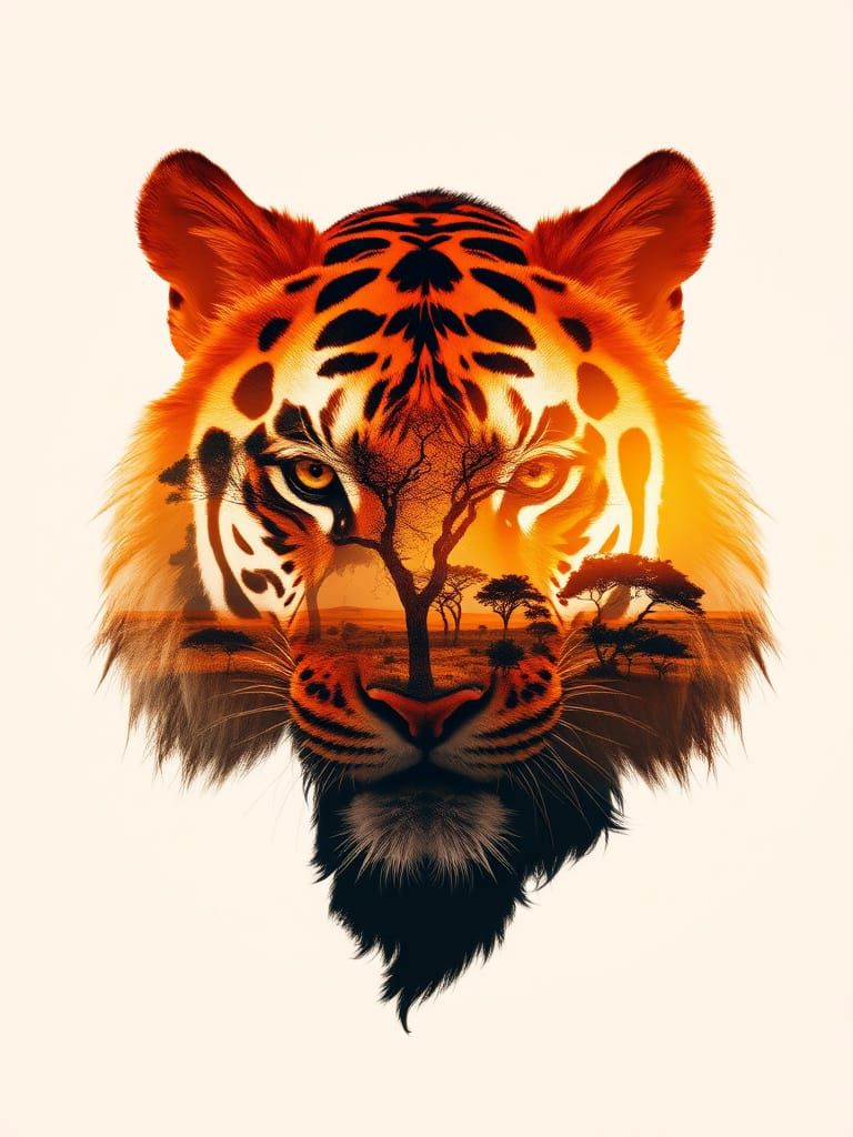 Abstract Double Exposure: Tiger and African Plains