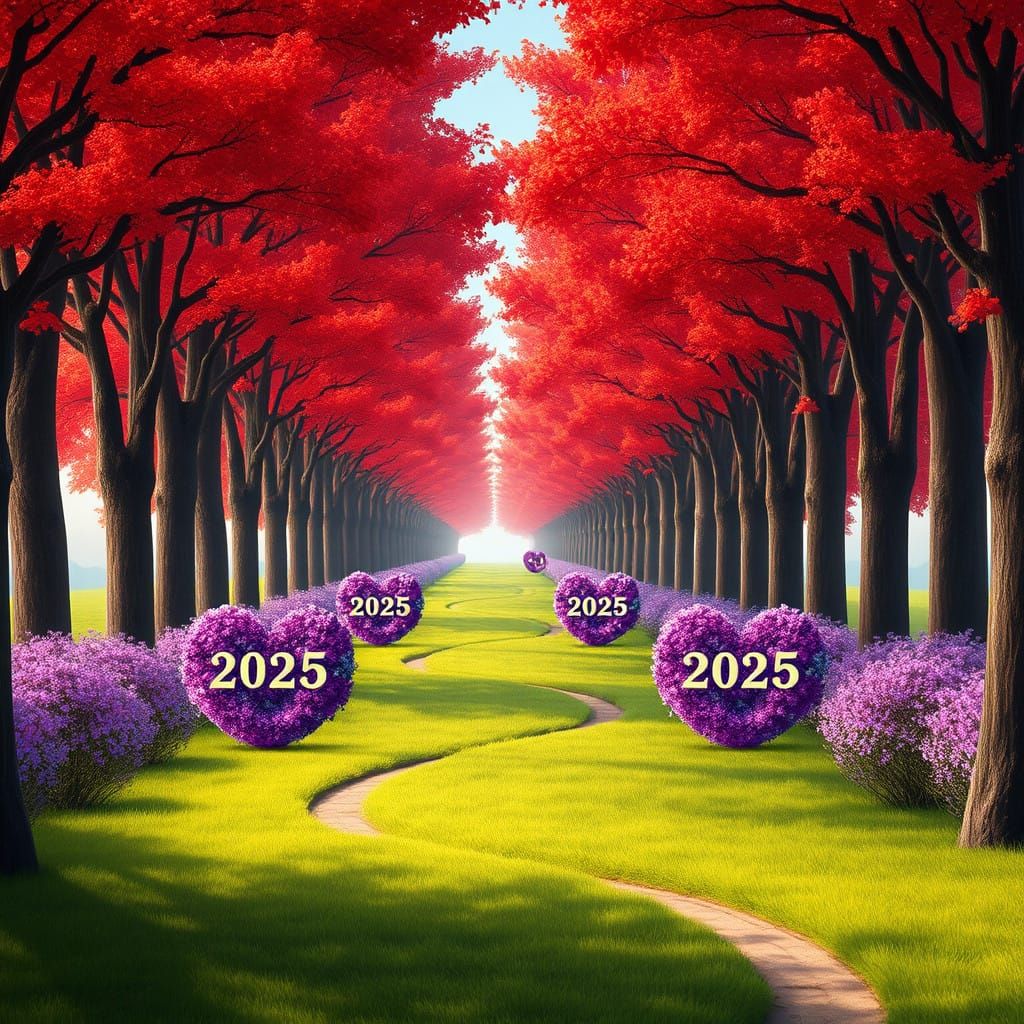 Red Tree Avenue with Heart-Shaped Flowers in Whimsical 8K Ar...