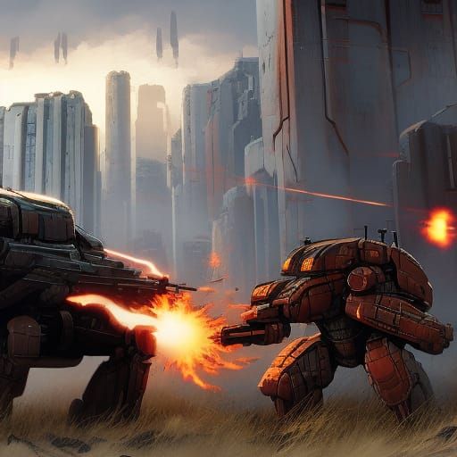 Epic Mecha Battle in War-Torn Cityscape