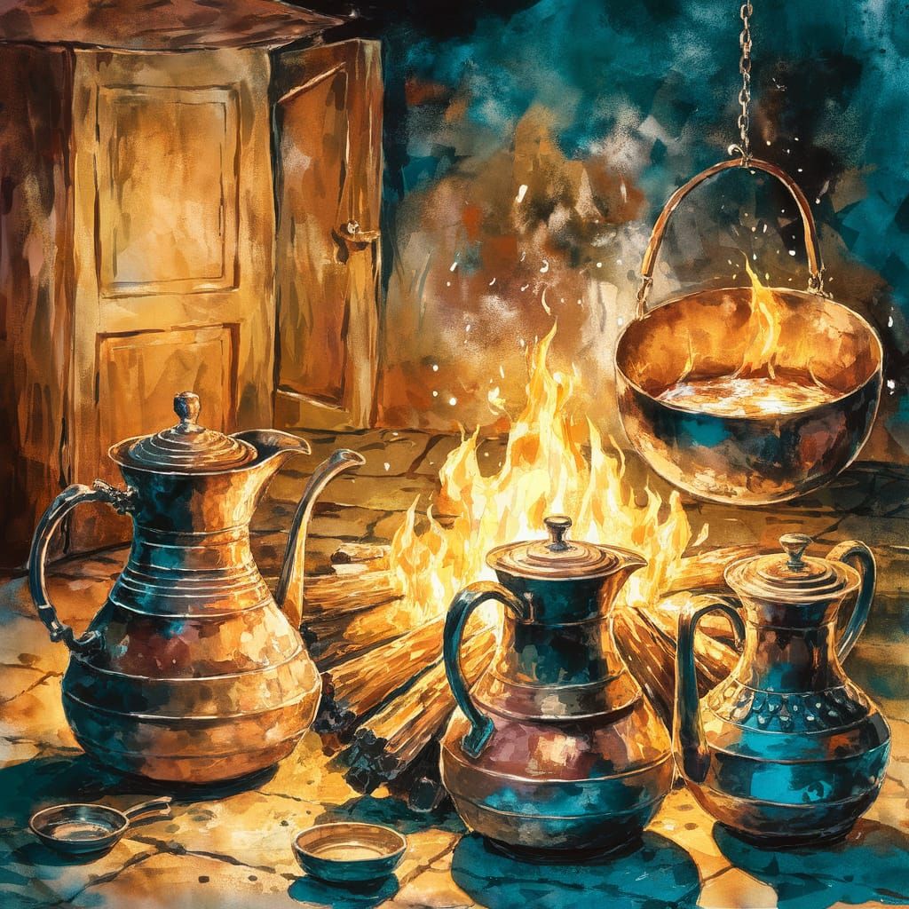 Coffee pots ranged at an open fire