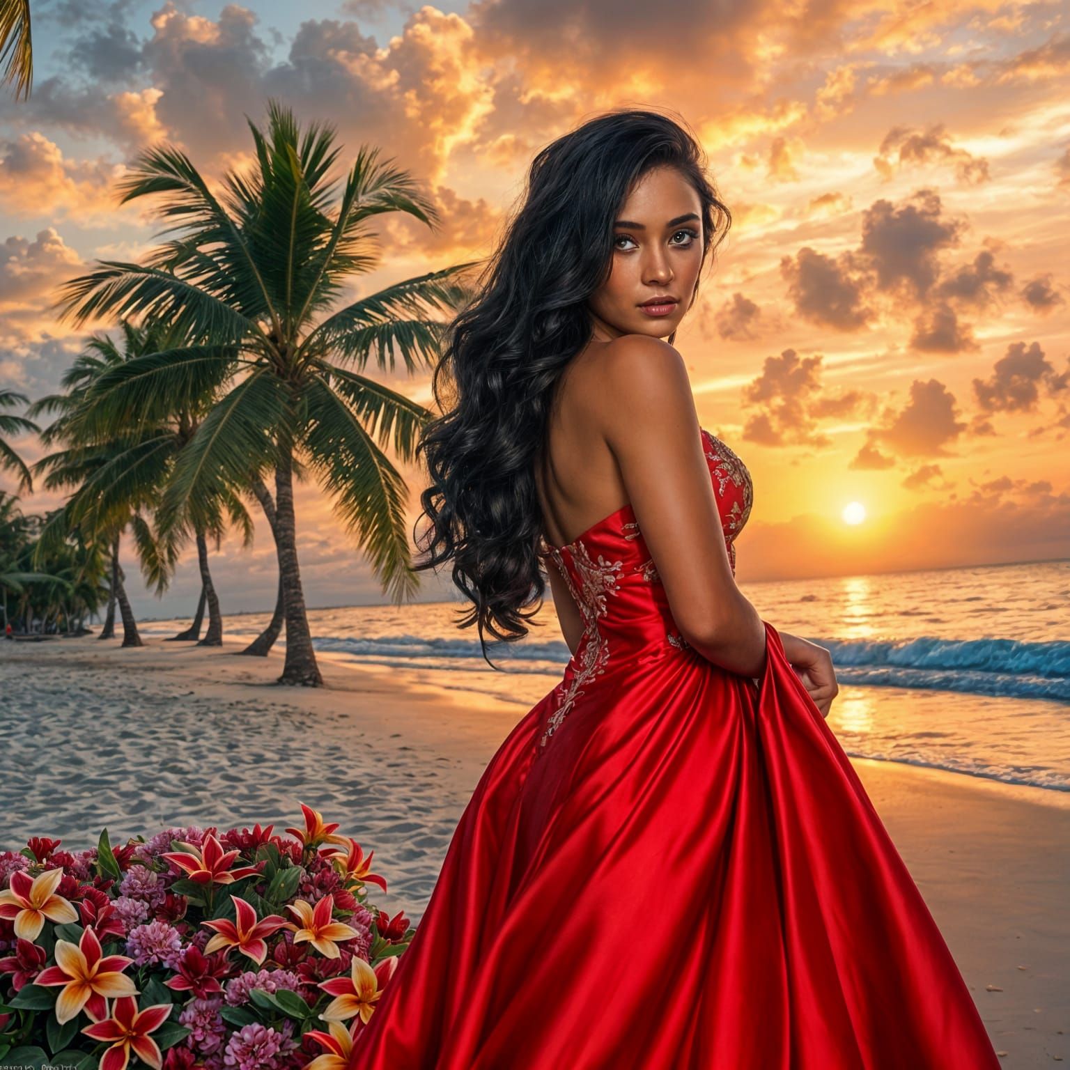 Glamorous Woman in Red Dress at Sunset on Caribbean Beach