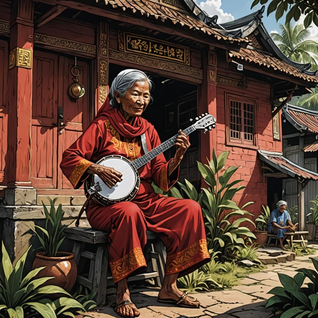 Malaysian Woman Plays Banjo: Comic Book Art