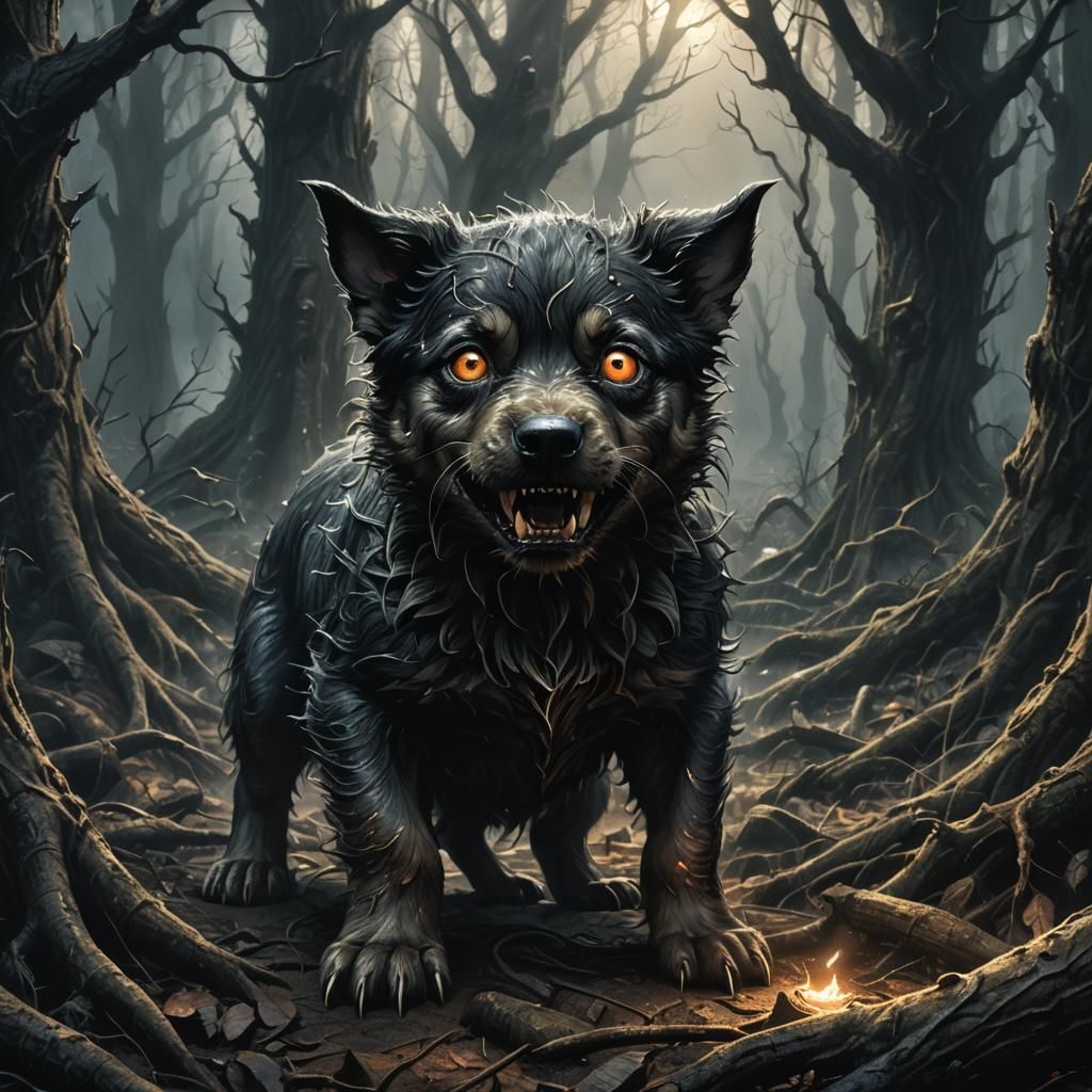 Eerie Puppy Portrait in Dark Fantasy Style