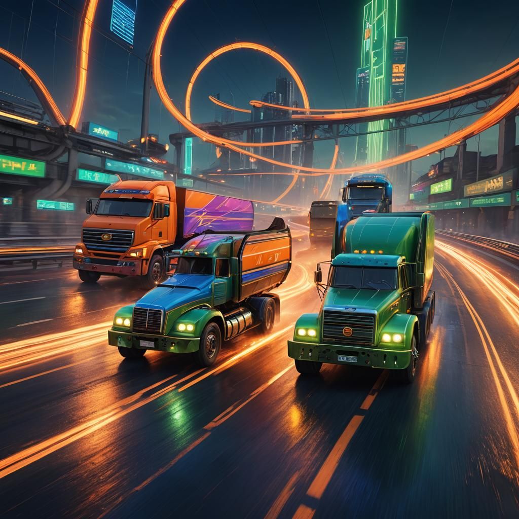 Surreal Truck Race on Neon Highway, Fantasy Concept Art