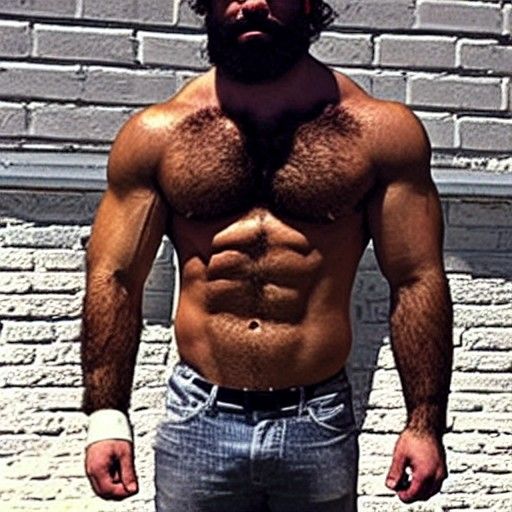 Muscular Man Flexing with Beard and Tattoos