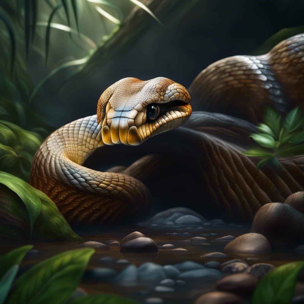 Realistic Cobra in Jungle Stream, Wildlife Photography