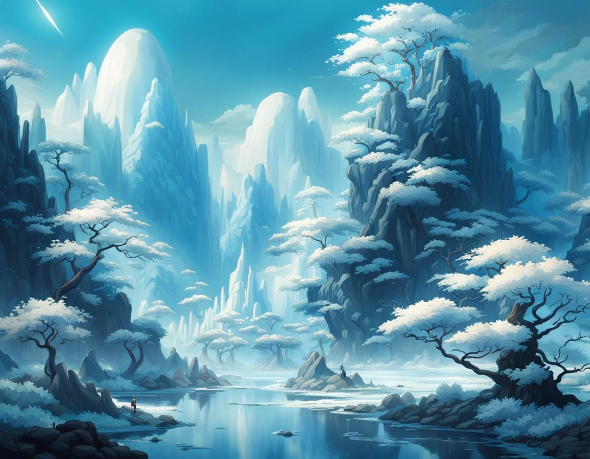 Ethereal Light Blue Realms Under Cosmic Sky