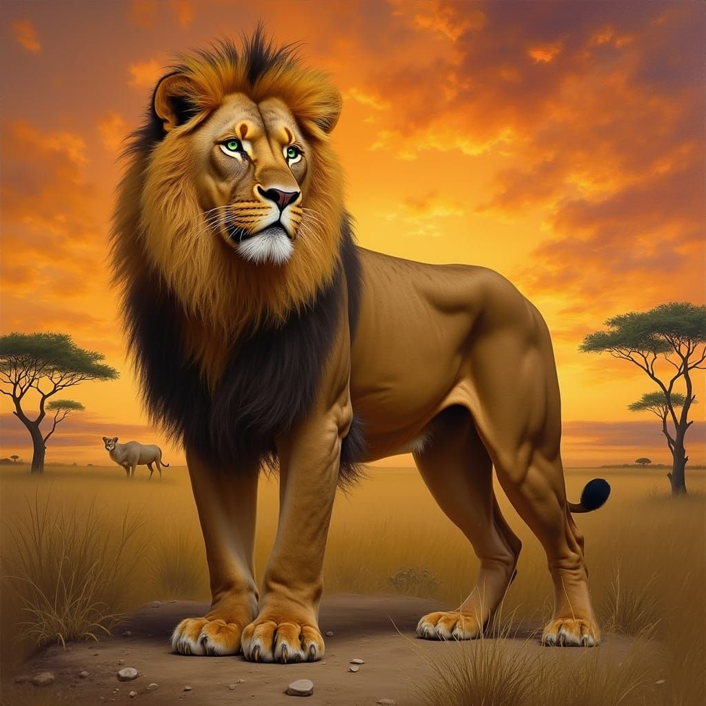 Regal Lion in Golden Sunset, Romantic Oil Painting